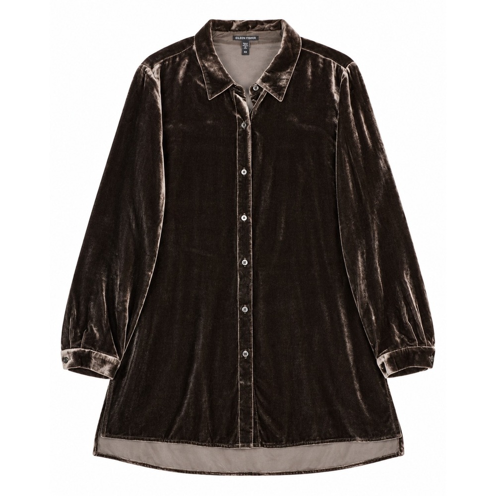 Eileen Fisher Velvet Tunic Women's Medium Brown Silk Blend Button Quiet Luxury